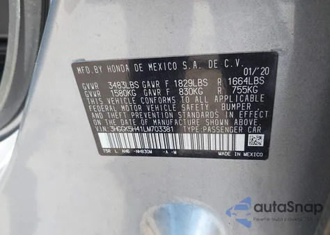 2020 Honda Fit Lx z USA, uszkodzony, nr VIN 3HGGK5H41LM703381